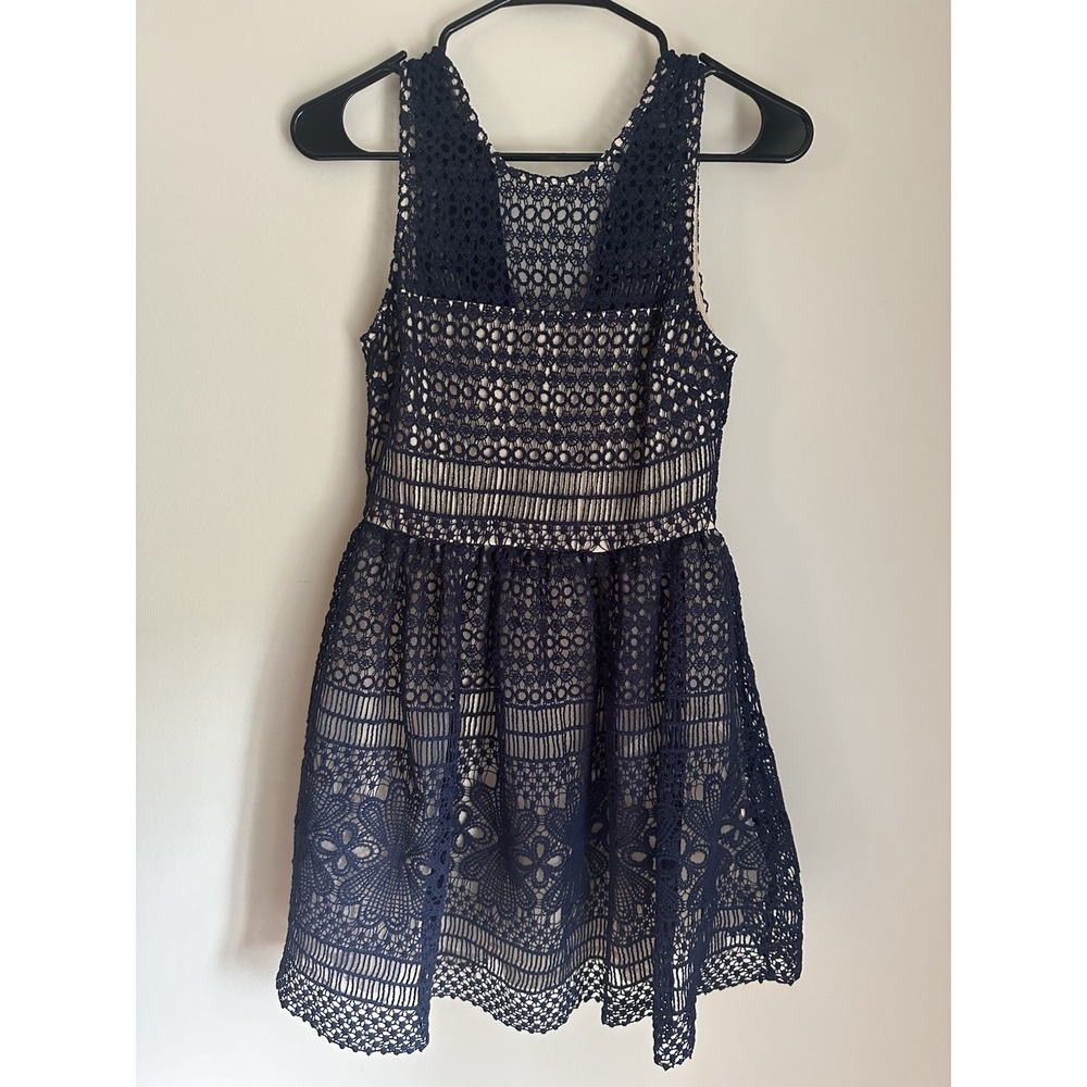Francesca's Navy Blue Crochet Lace Fit and Flare Mini Dress Small Tan Lining